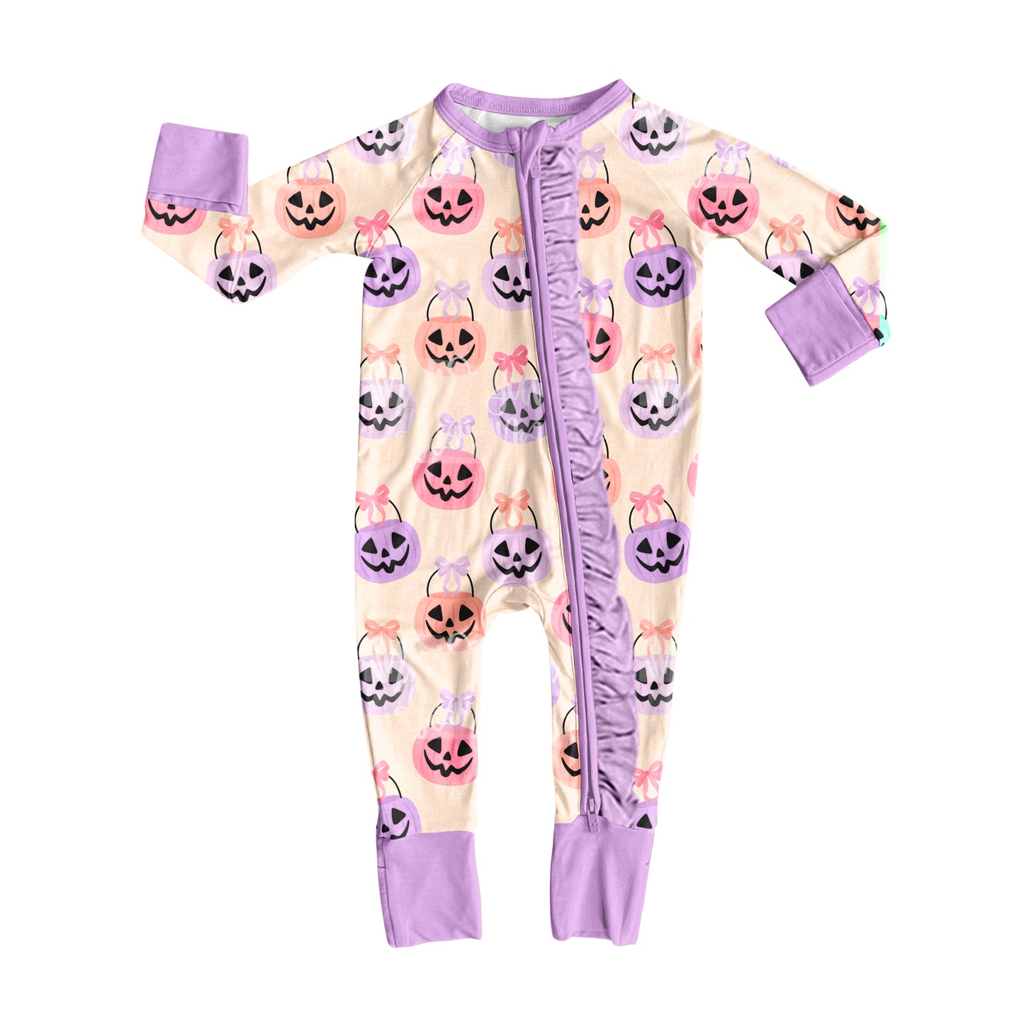 preorder LR2535 Halloween pumpkin purple zipper long sleeve girls romper