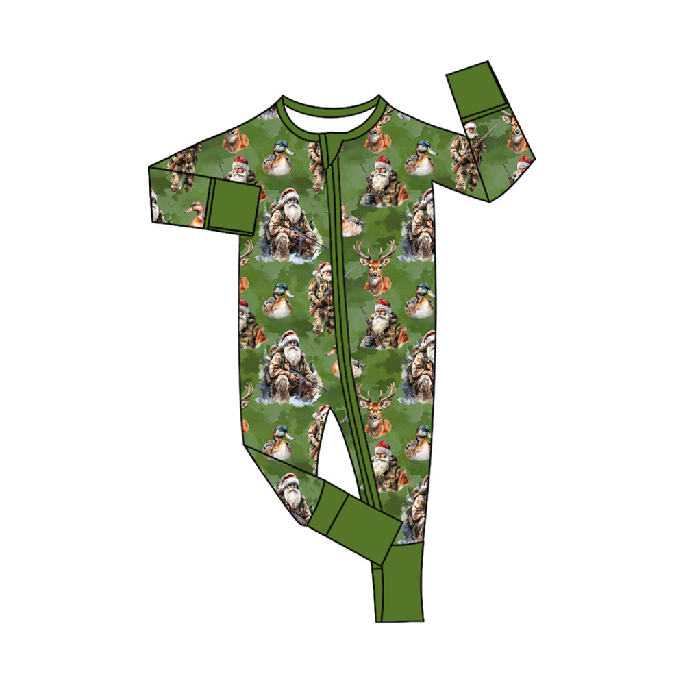 preorder LR2538 Christmas Santa hunting mallard duck deer green zipper long sleeve boys romper