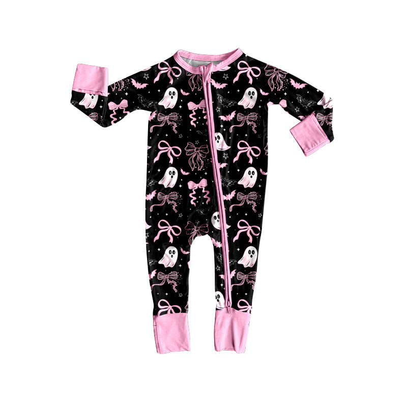 preorder LR2540 Halloween pink bows bat spooky black zipper long sleeve girls romper