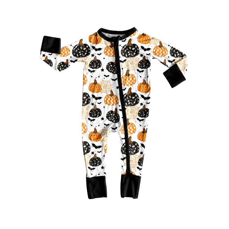 preorder LR2542 Halloween orange black pumpkin bat zipper long sleeve boys romper
