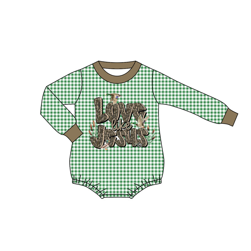 preorder LR2550 love like Jesus hunting mallard duck green checkered long sleeve boys romper
