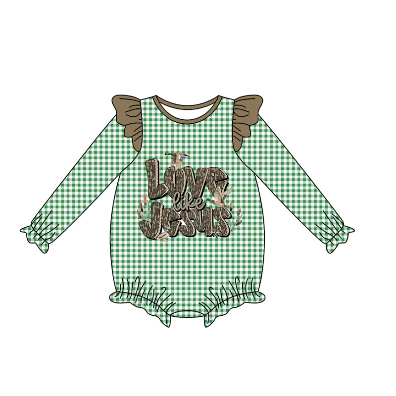 preorder LR2551 love like Jesus hunting mallard duck green checkered long sleeve girls romper