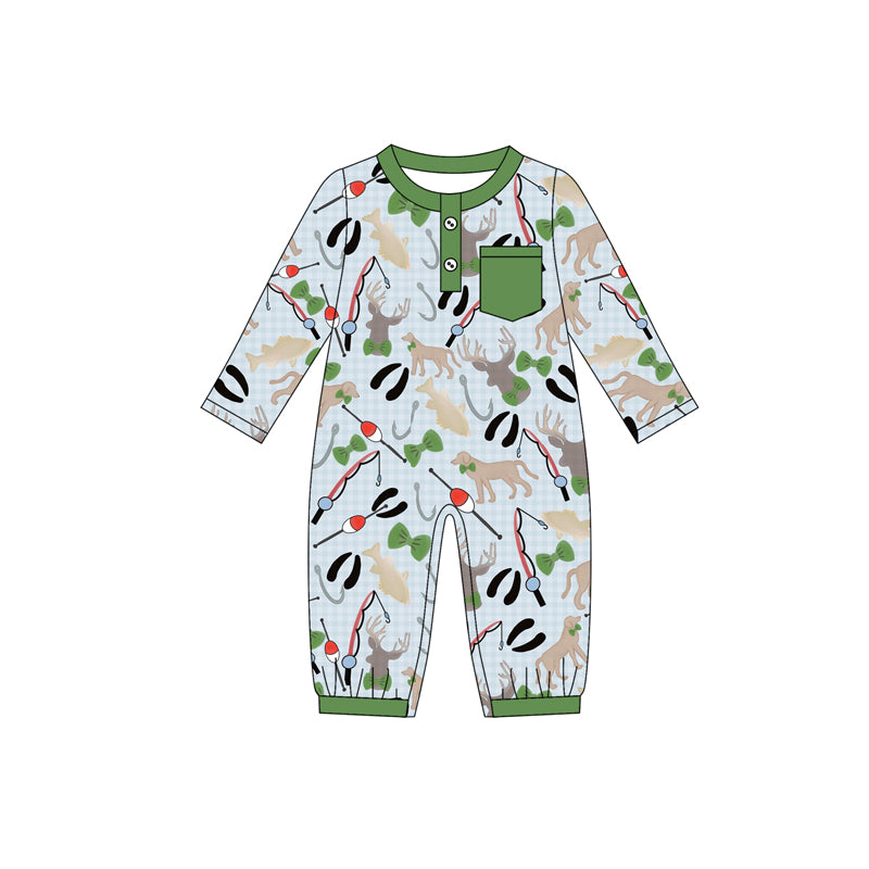 preorder LR2564 hunting fishing dog deer pocket green long sleeve boys romper