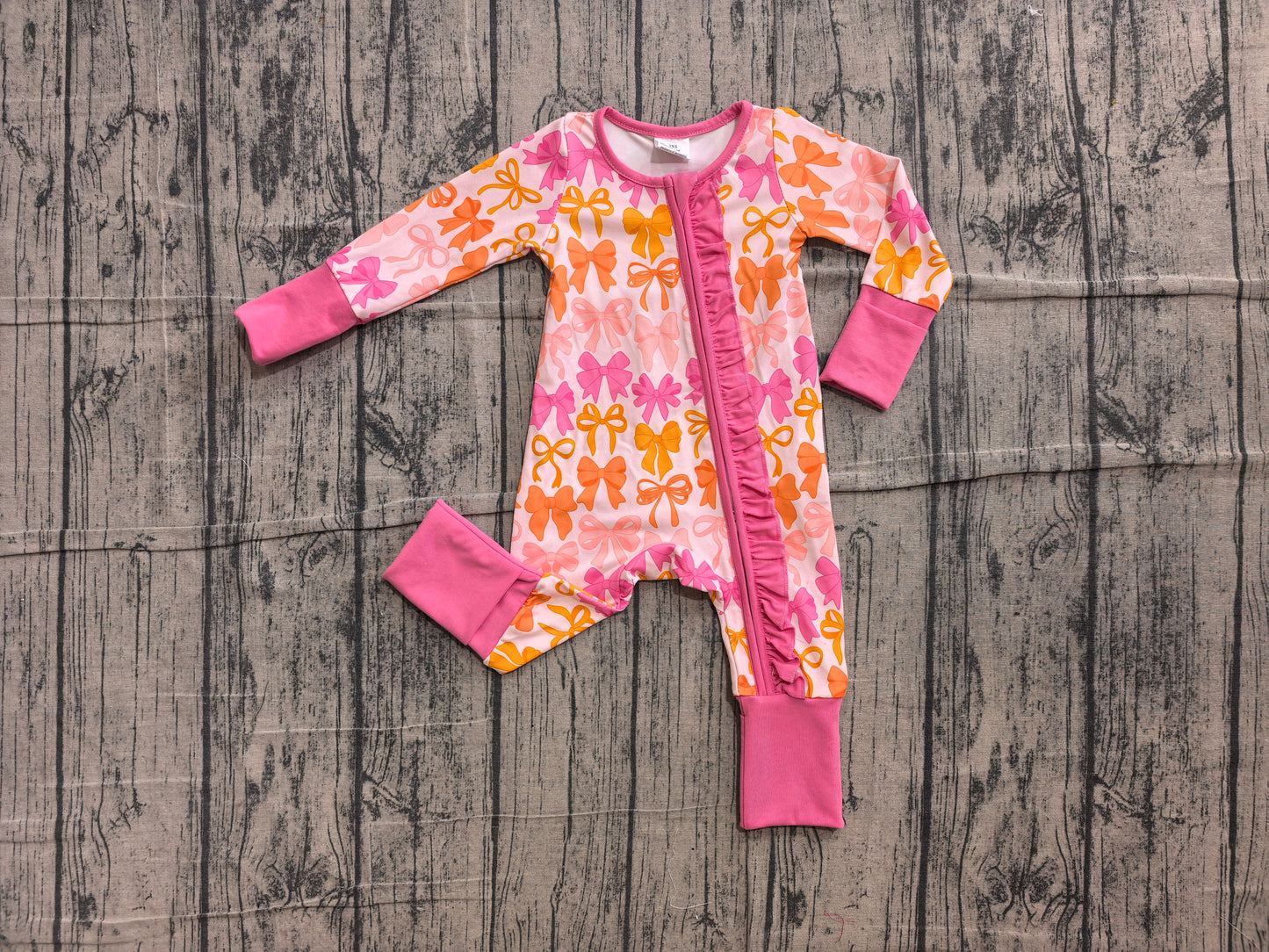preorder Samples LR2567 Bows Hot Pink Zipper Long Sleeve Girls Romper