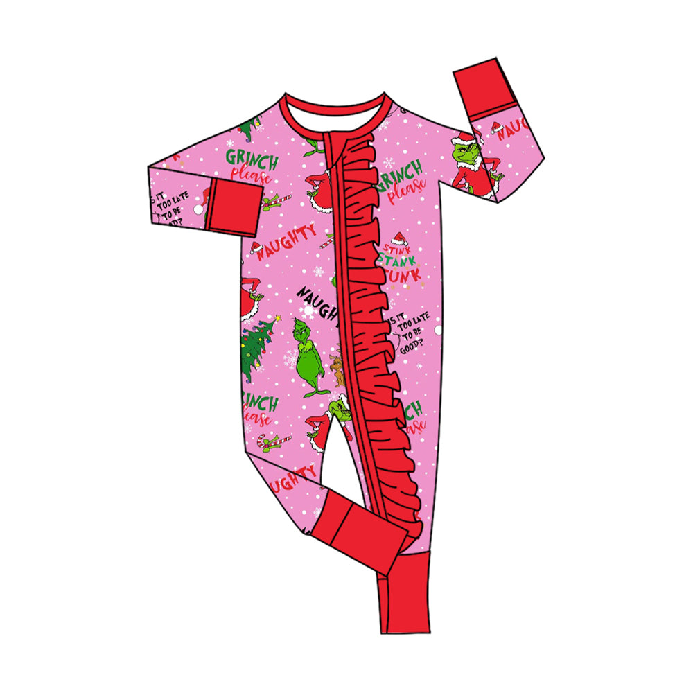 preorder LR2570 Christmas green face tree hot pink zipper long sleeve girls romper