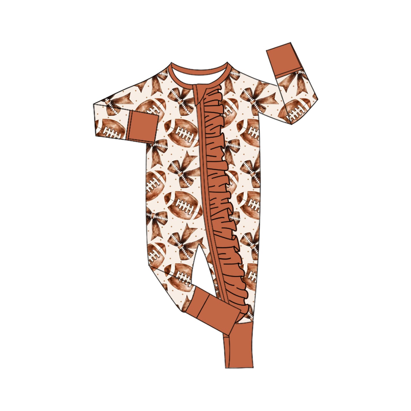 preorder LR2572 football item bows brown zipper long sleeve girls romper