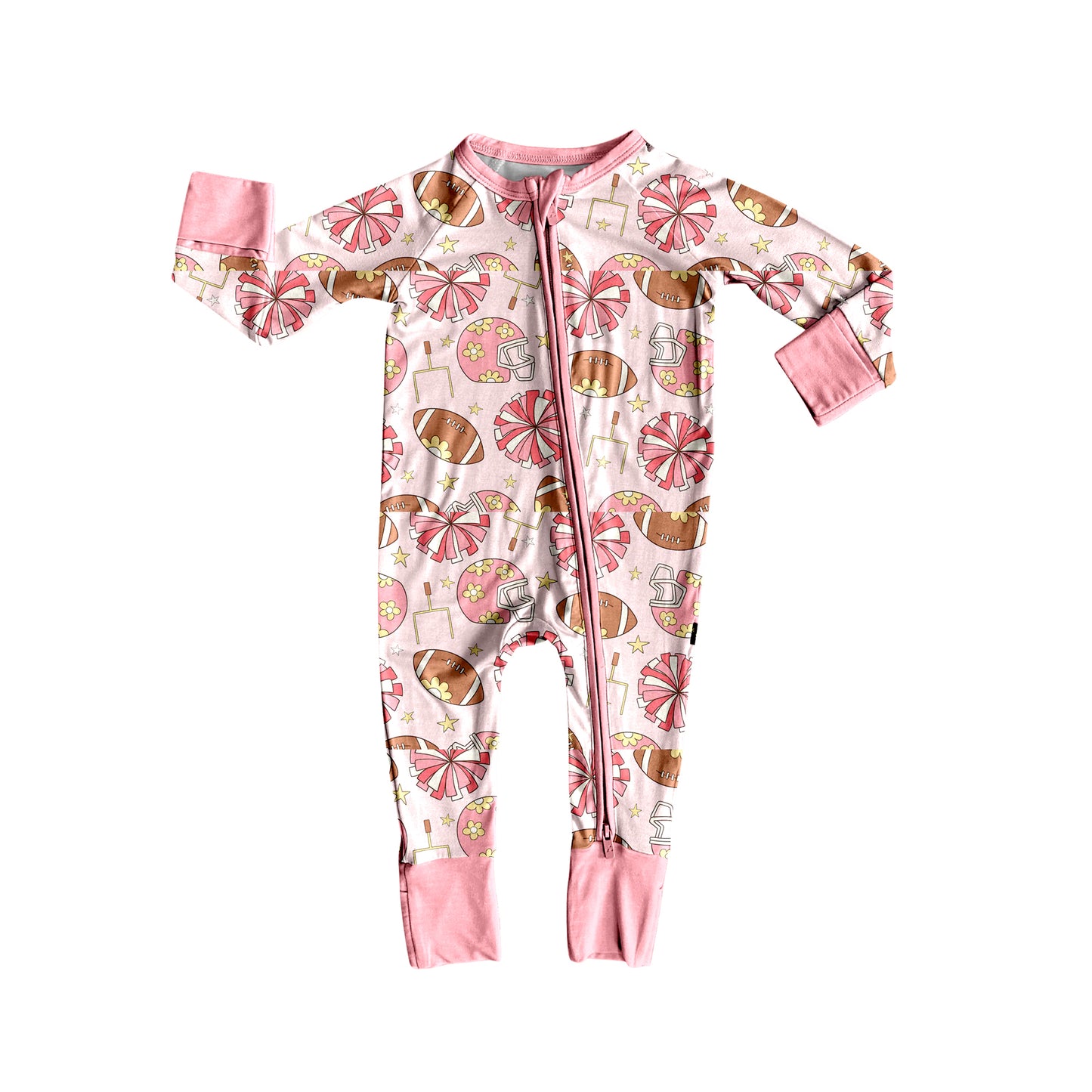 preorder LR2573 football item cheer flowers pink zipper long sleeve girls romper