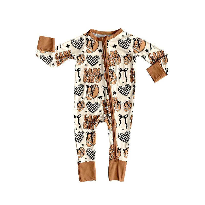 preorder LR2577 football game day heart bows brown zipper long sleeve girls romper