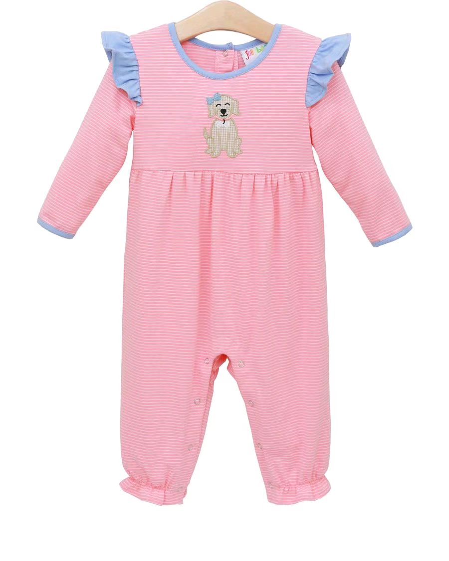 preorder LR2580 cute dog pet pink striped long sleeve girls romper