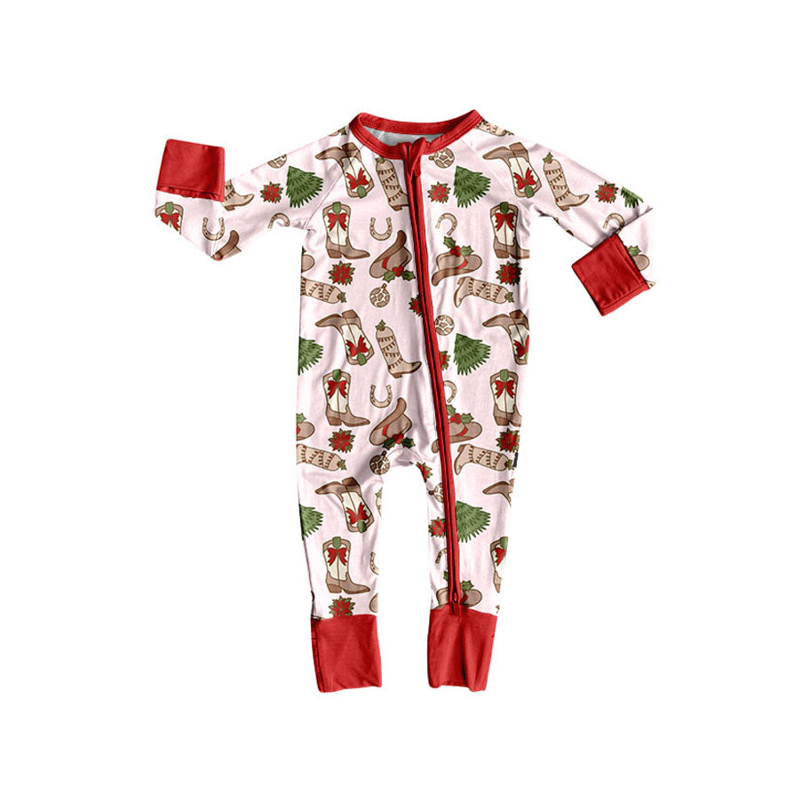 Custom moq 20 bamboo Western Christmas boots tree pink red zipper long sleeve girls romper