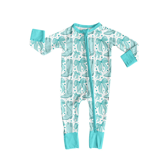 preorder LR2587 Western boots bows blue zipper long sleeve girls romper