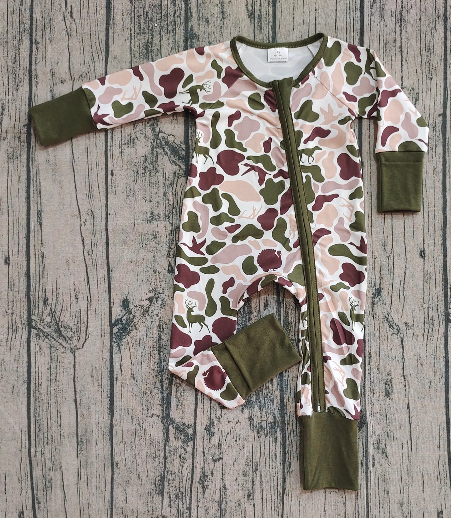 Custom moq 20 bamboo hunting mallard duck camo zipper long sleeve boys romper