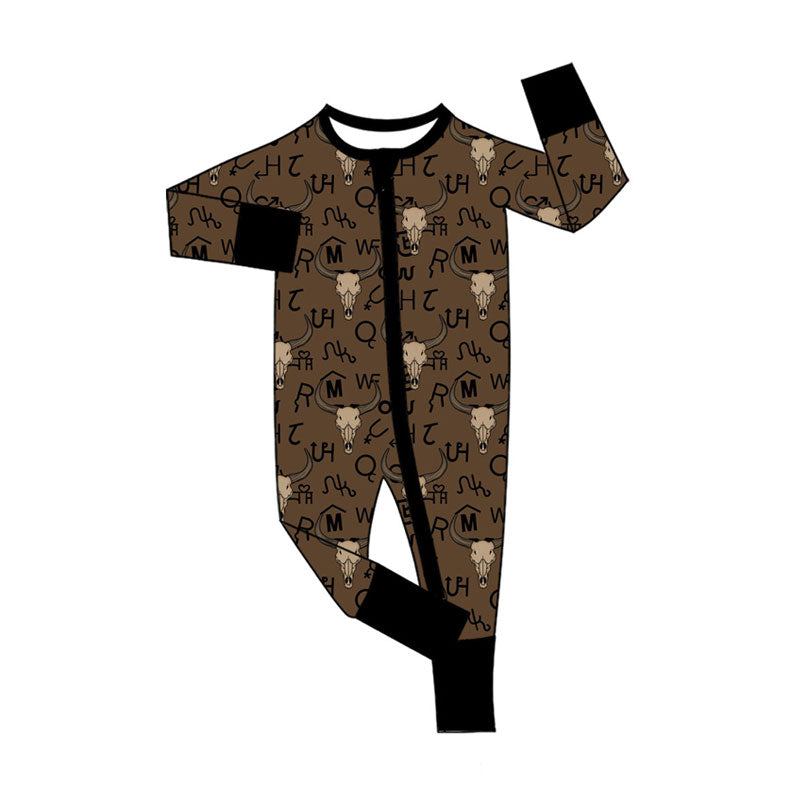 Custom moq 20 bamboo Western cow brown zipper long sleeve boys romper