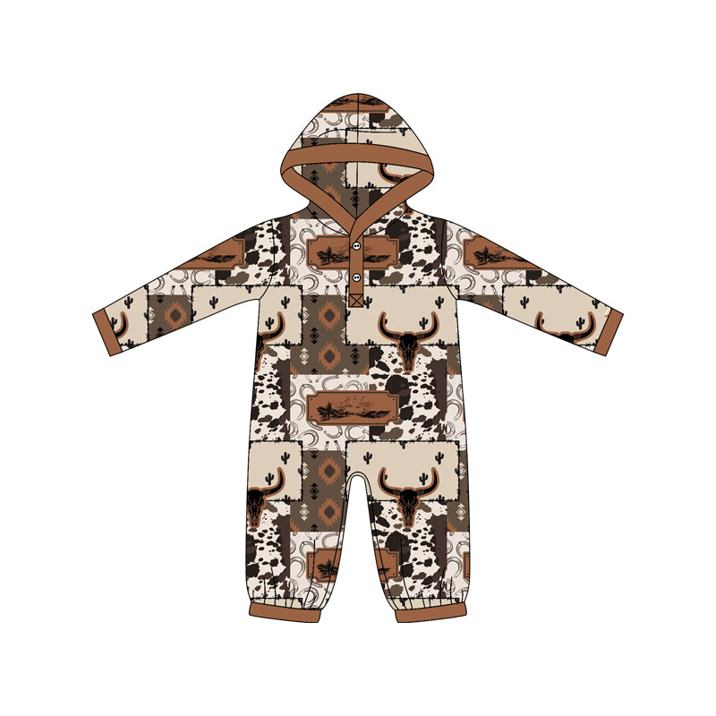 Custom moq 20 bamboo Western cow aztec hoodie long sleeve boys romper
