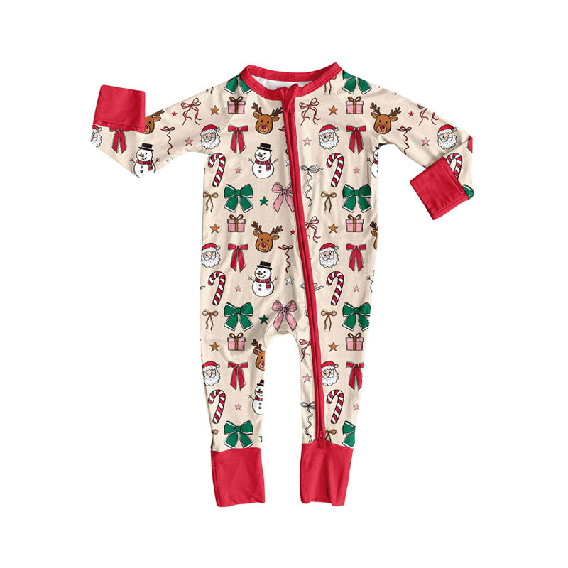 preorder LR2595 Christmas Santa cane candy bows zipper long sleeve girls romper