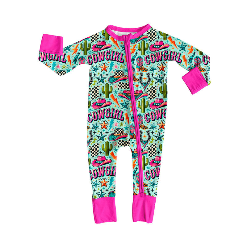 preorder LR2596 Western cowgirl cactus hat hot pink zipper long sleeve girls romper