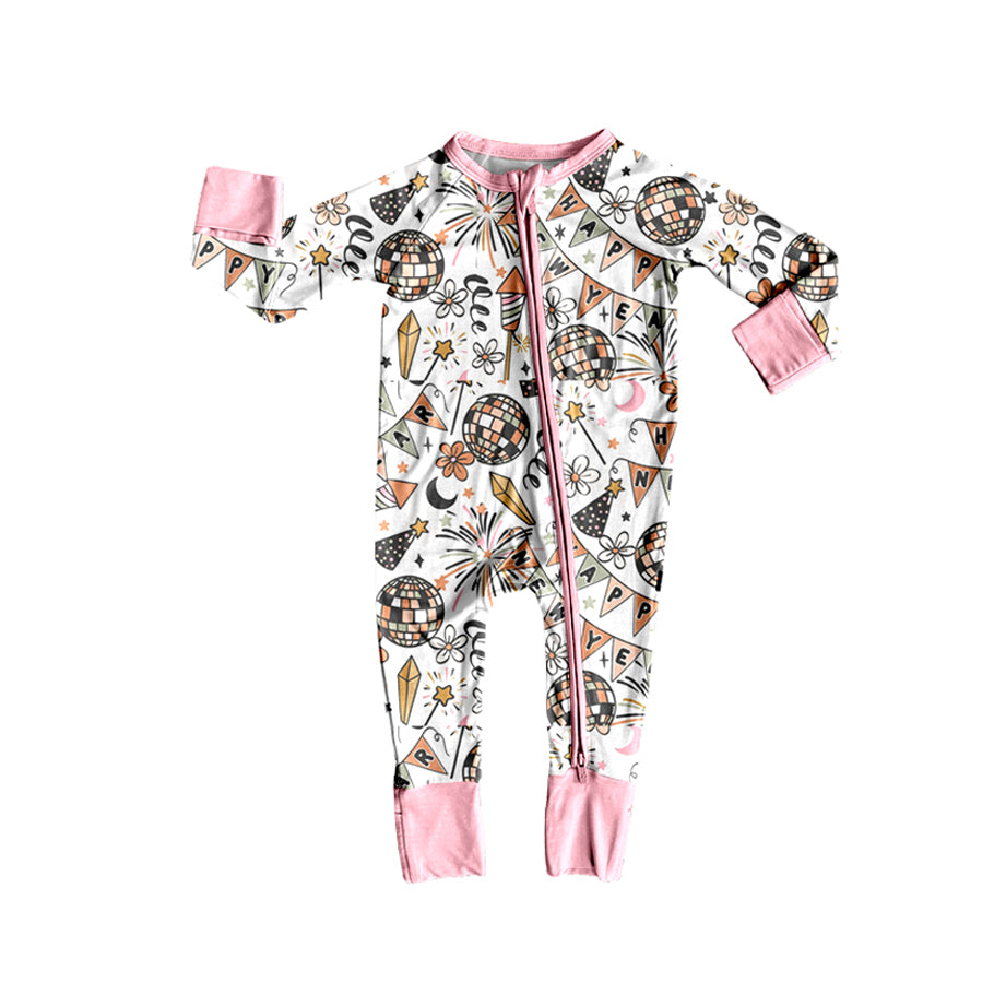 Custom moq 20 bamboo happy new year light zipper long sleeve pink grils romper