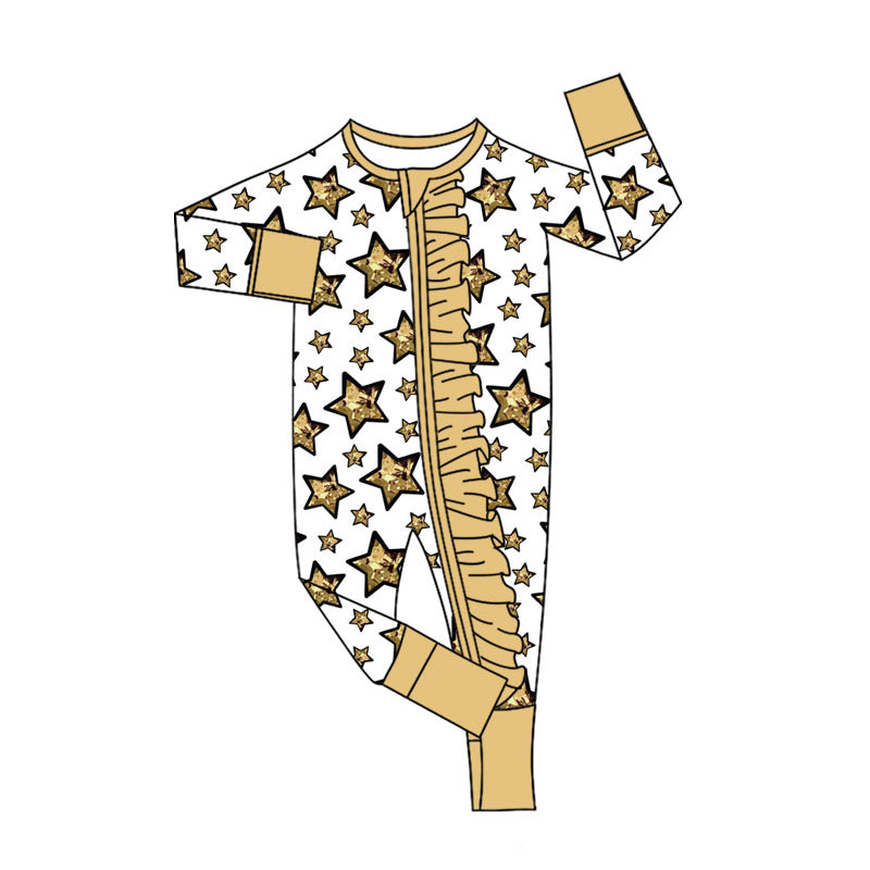 Custom moq 20 bamboo happy new year gold star zipper long sleeve girls romper