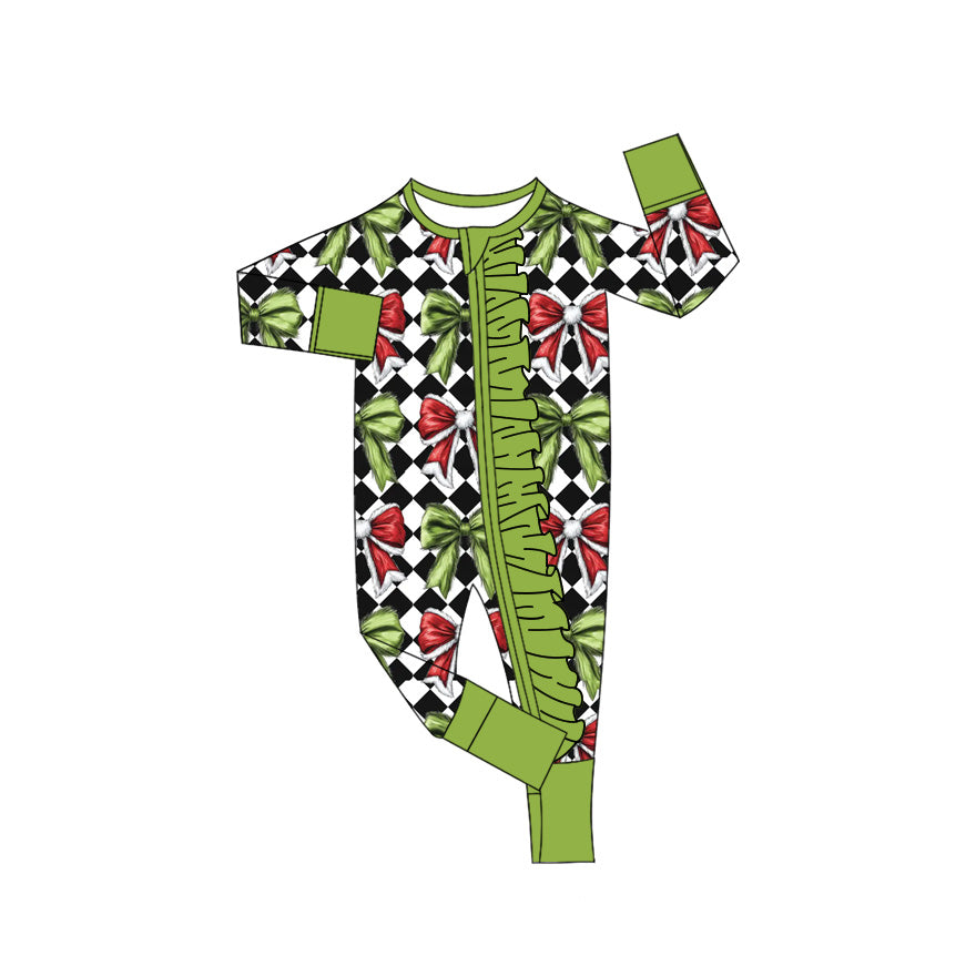 Custom moq 20 bamboo Christmas red green bows zipper long sleeve girls romper