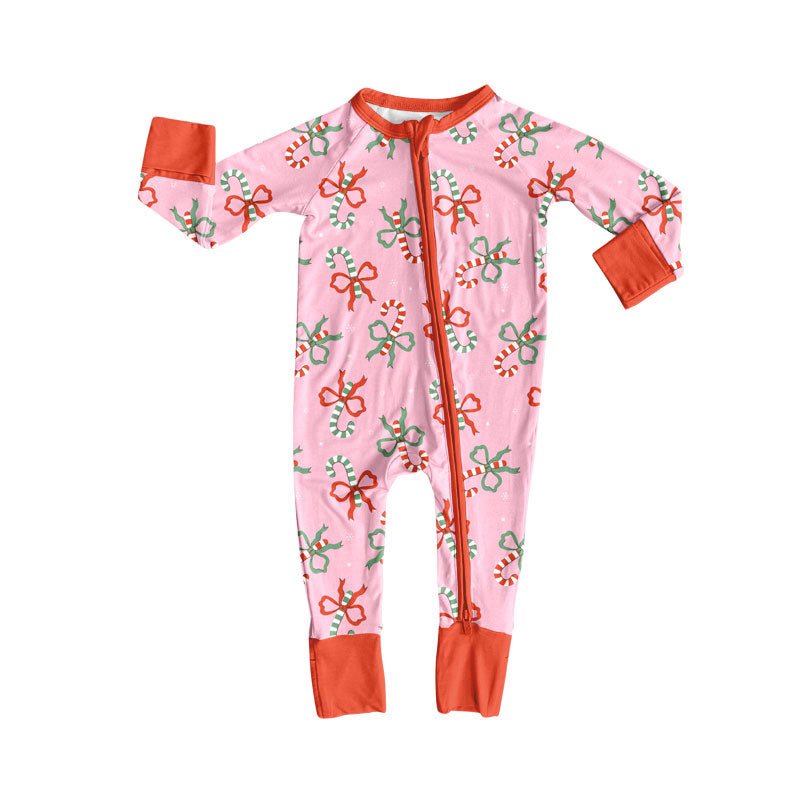 preorder LR2635 Christmas cane candy bows pink zipper long sleeve girls romper