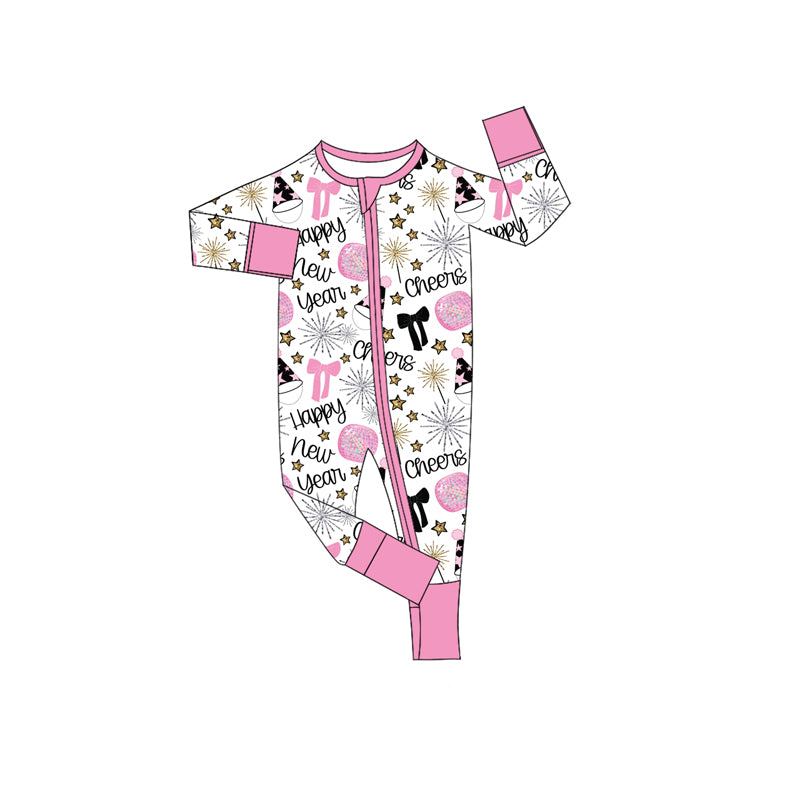 preorder LR2636 happy new year bows cheers pink zipper long sleeve girls romper