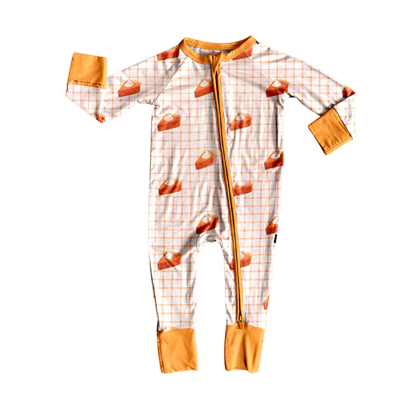 preorder LR2639 Thanksgiving pie orange checkered zipper long sleeve boys romper