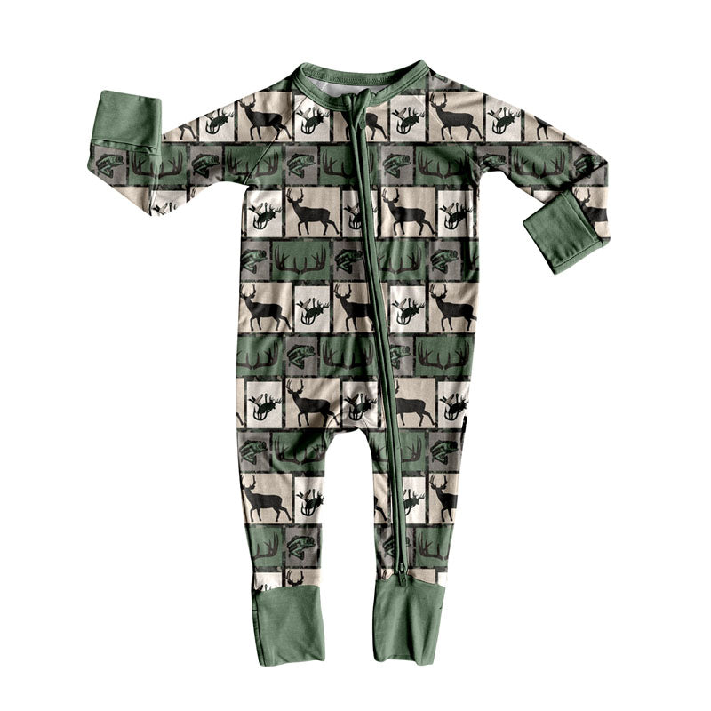 preorder LR2645 hunting mallard deer green zipper long sleeve boys romper