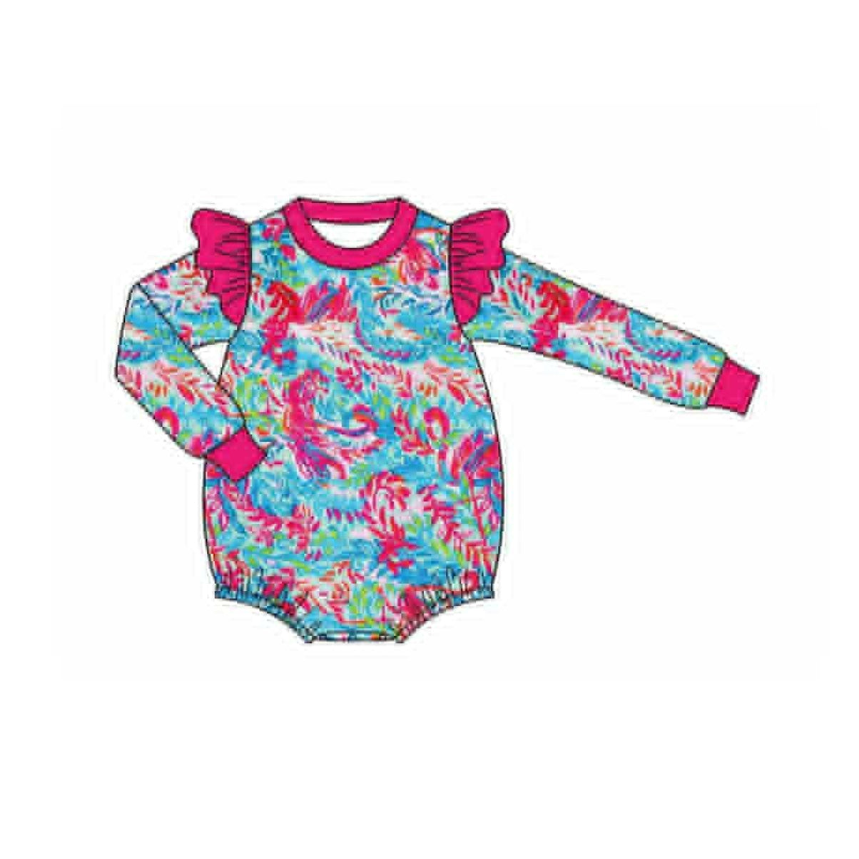 preorder LR2646 colorful tropical print hot pink long sleeve girls romper