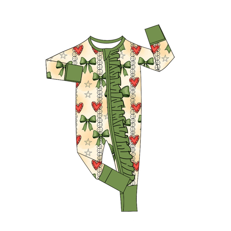preorder LR2648 Christmas heart green bows zipper long sleeve girls romper