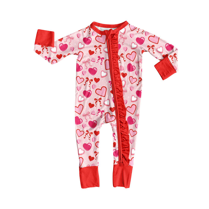 preorder LR2655 Valentine's Day red/pink heart bows zipper long sleeve girls romper