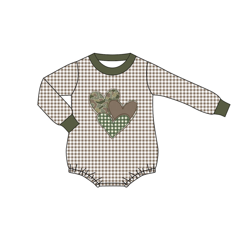 preorder LR2662 Valentine's Day heart camo long sleeve checkered boys romper