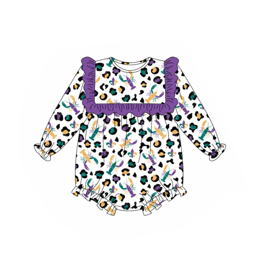 preorder LR2666 Mardi Gras purple leopard crayfish long sleeve girls romper