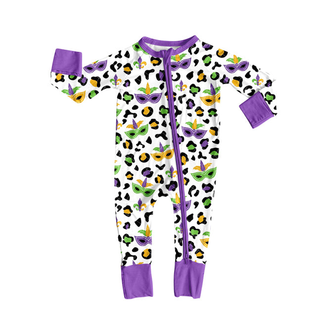 preorder LR2676 Mardi Gras yellow green purple leopard zipper long sleeve girls romper