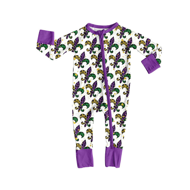 preorder LR2677 Mardi Gras yellow green purple zipper long sleeve girls romper