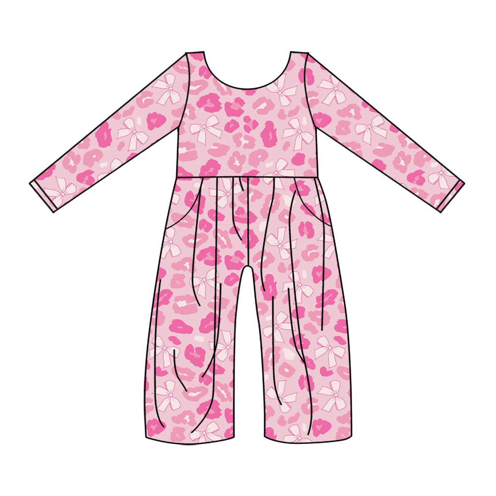 preorder LR2685 pink bows leopard long sleeve girls jumpsuits