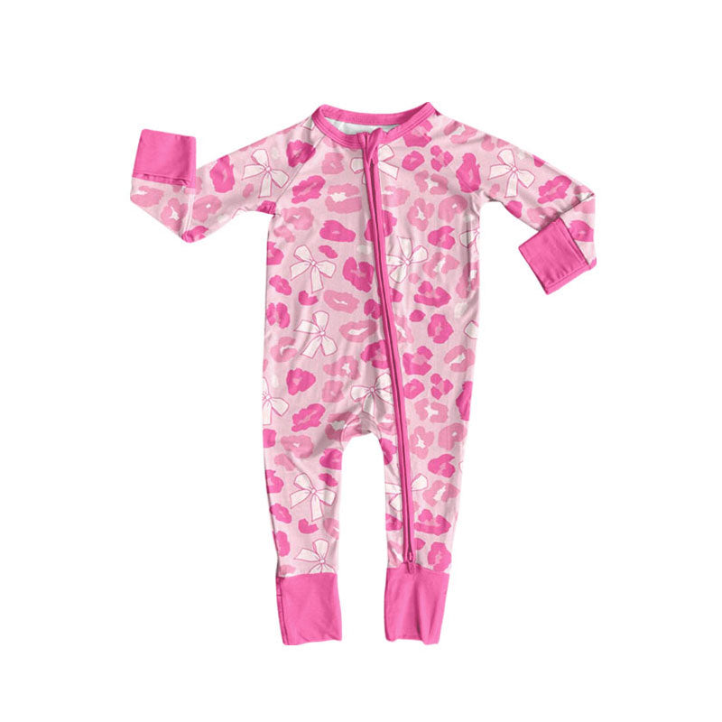 preorder LR2686 pink bows leopard zipper long sleeve girls romper
