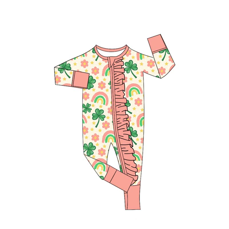 preorder LR2692 St Patrick clover flowers rainbow pink zipper long sleeve girls romper