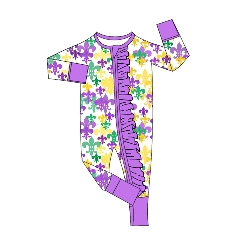 preorder LR2694 Mardi Gras yellow green purple zipper long sleeve girls romper