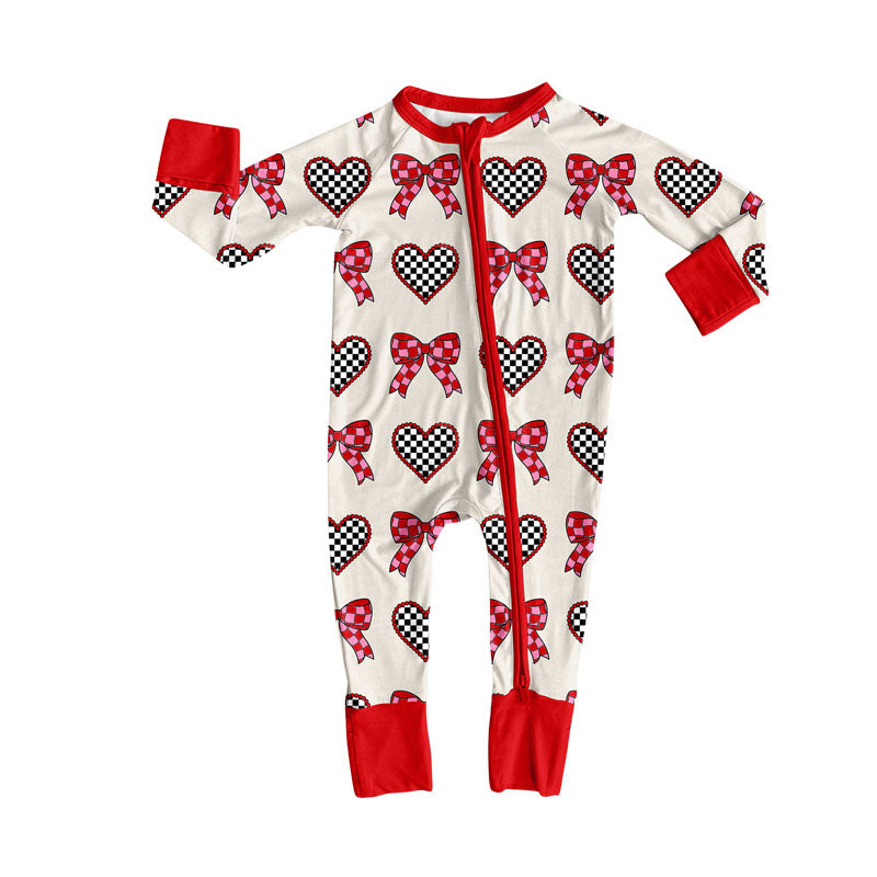 preorder LR2703 Valentine's heart bows red zipper long sleeve girls romper