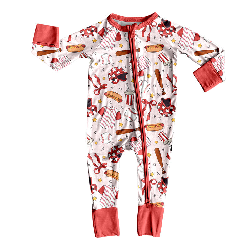 preorder LR2731 baseball hot dog bows red zipper long sleeve girls romper