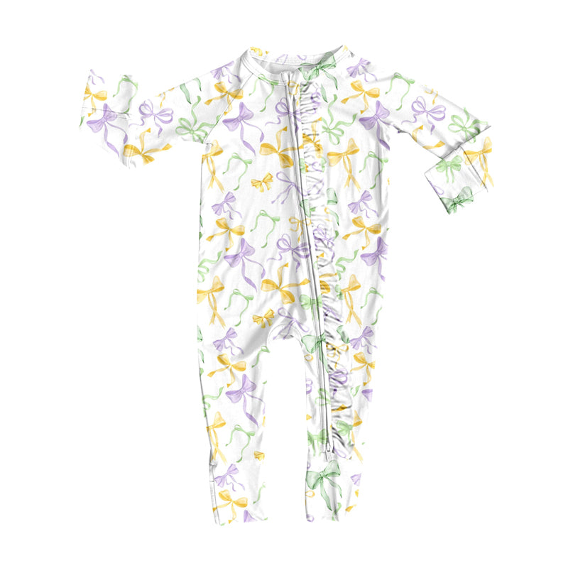 preorder LR2736 Mardi Gras purple yellow green bows zipper long sleeve girls romper