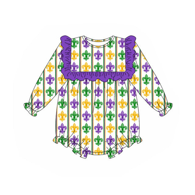 preorder LR2737 Mardi Gras purple green yellow ruffles long sleeve girls romper