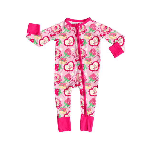preorder LR2743 cute berry strawberry flowers bows pink zipper long sleeve girls romper