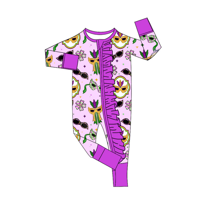 preorder LR2752 Mardi Gras mask purple long sleeve zipper girls romper