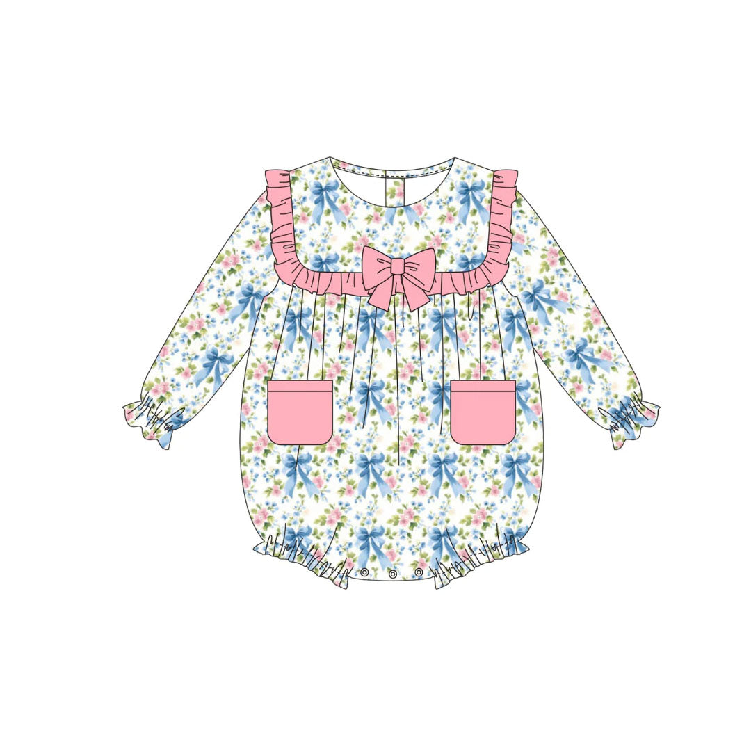 preorder LR2754 cute bows flowers floral pockets long sleeve girls romper