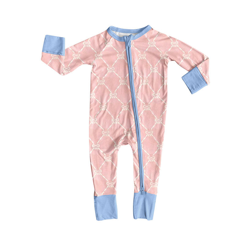 preorder LR2757 cute pink bows zipper long sleeve girls romper