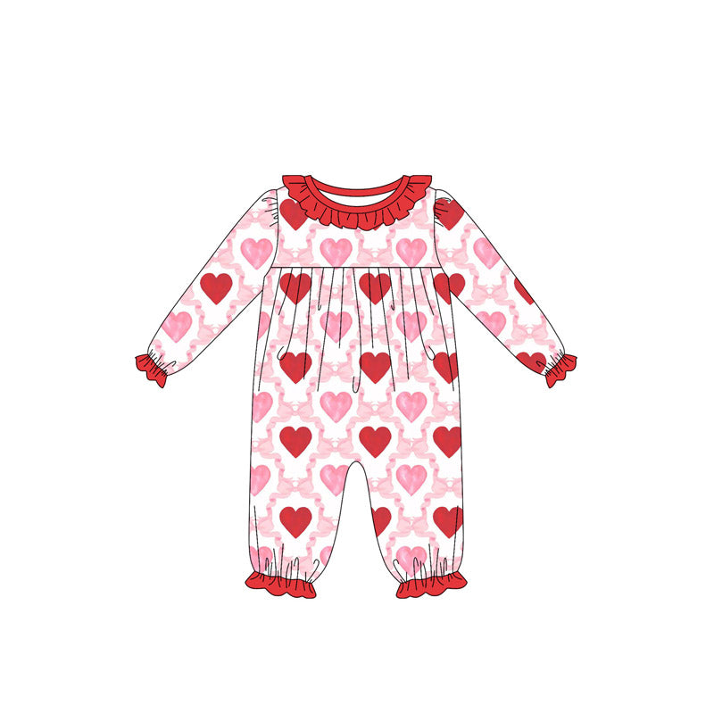 preorder LR2761 Valentine'Day pink heart red bows long sleeve girls romper