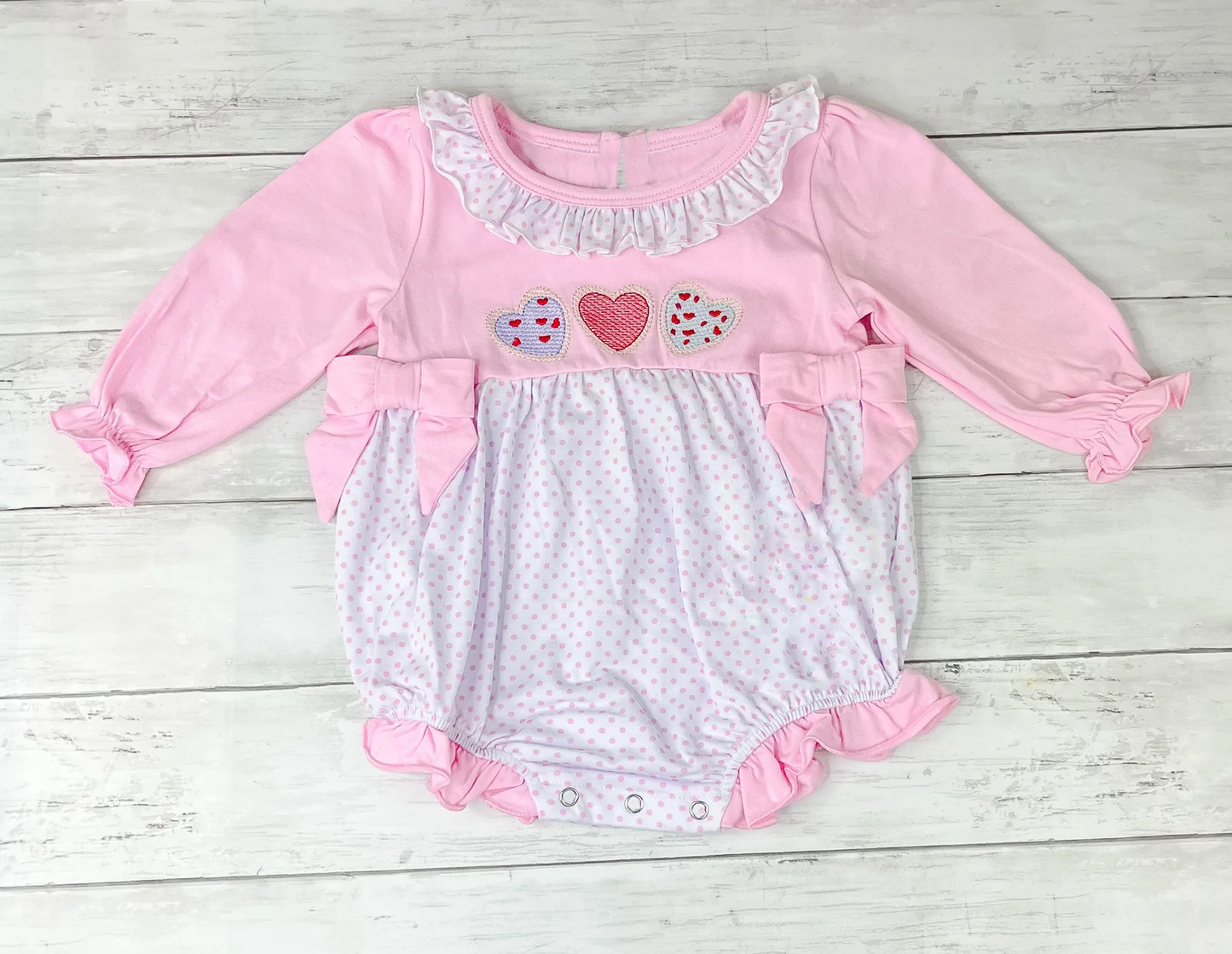 preorder LR2766 Valentine's Day heart pink bows long sleeve girls romper
