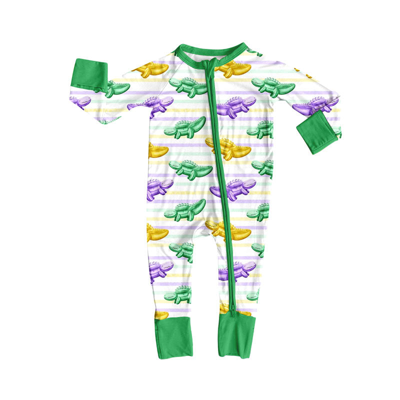 preorder LR2784 Mardi Gras yellow green purple crocodile long sleeve zipper girls romper