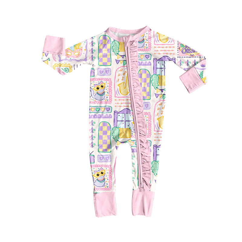 preorder LR2785 Mardi Gras cake pink zipper long sleeve girls romper